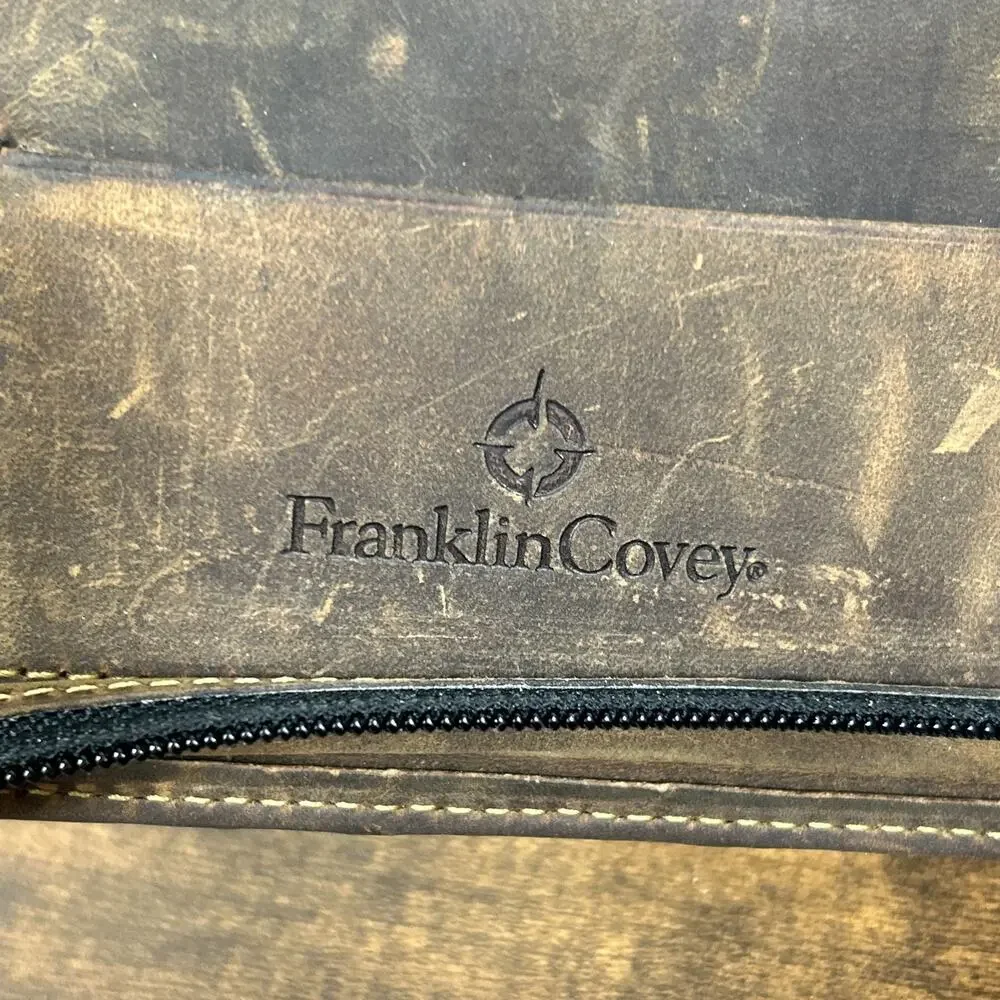 Vintage Franklin Covey 7 Ring Full Grain Leather Classic Brown Zip Planner USA